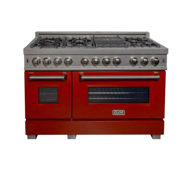 ZLINE 48 in. Professional Gas Burner/Electric Oven DuraSnow® Stainless 6.0 cu.ft. 7 Range with Red Gloss Door 2