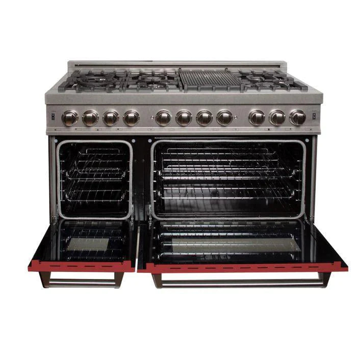 ZLINE 48 in. Professional Gas Burner/Electric Oven DuraSnow® Stainless 6.0 cu.ft. 7 Range with Red Matte Door