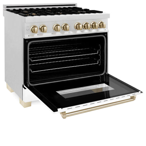 ZLINE Autograph Edition 36 In. Range, Gas Stove and Electric Oven in DuraSnow® Stainless Steel with White Matte Door and Gold Accent 1