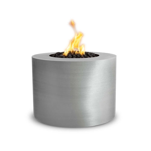 The Outdoor Plus Beverly Fire Pit in Stainless Steel with Flame on White Background 6