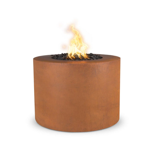 The Outdoor Plus Beverly Fire Pit in Corten Steel with Flame on White Background