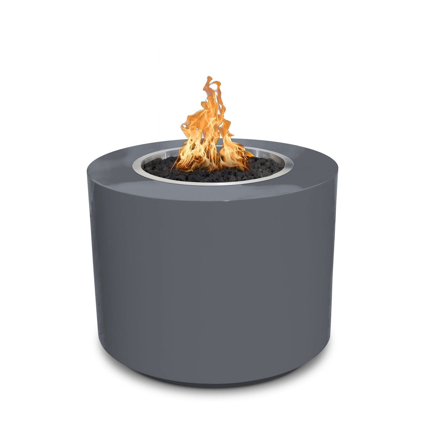 The Outdoor Plus Beverly Fire Pit in Grey Powder Coat with Flame on White Background