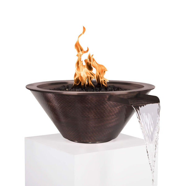 The Outdoor Plus Cazo Copper Fire & Water Bowl with flame on a white background 1