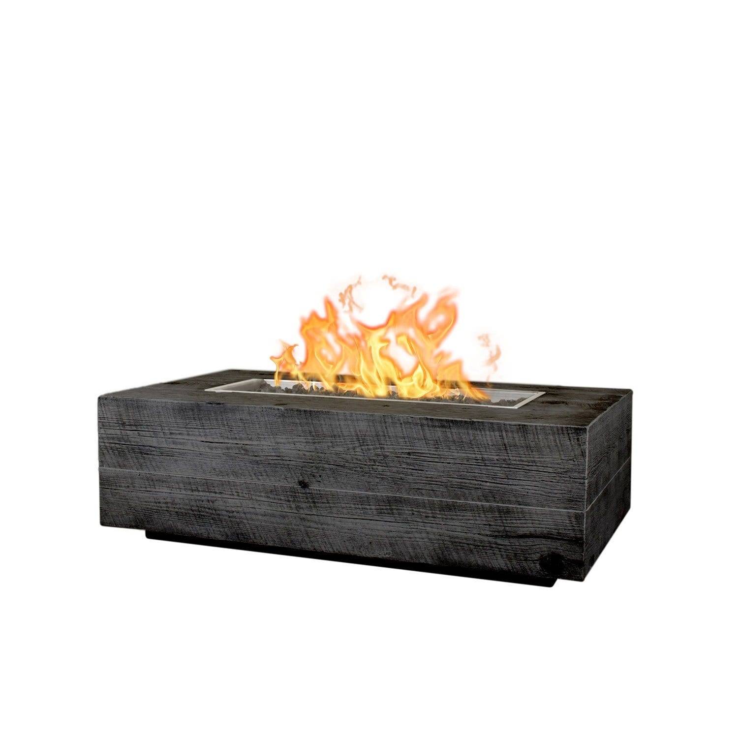 The Outdoor Plus Coronado Wood Grain Fire Pit in Ebony with flame on white background 1