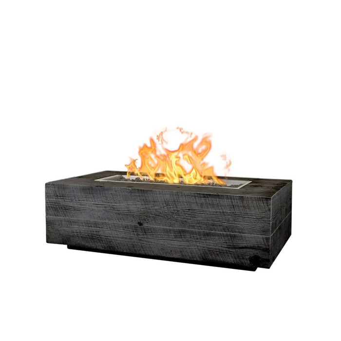 The Outdoor Plus Coronado Wood Grain Fire Pit in Ebony with flame on white background
