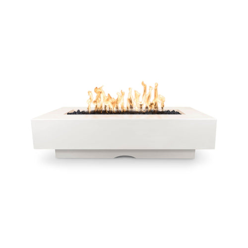 The Outdoor Plus Del Mar Concrete Fire Pit in Limestone with flame on a white background 1