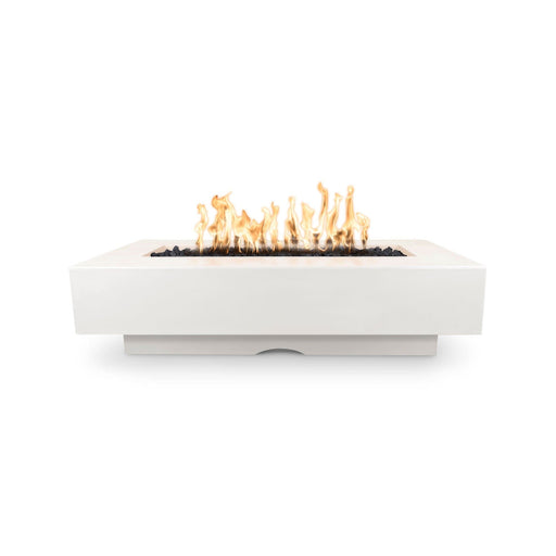 The Outdoor Plus Del Mar Concrete Fire Pit in Limestone with flame on a white background
