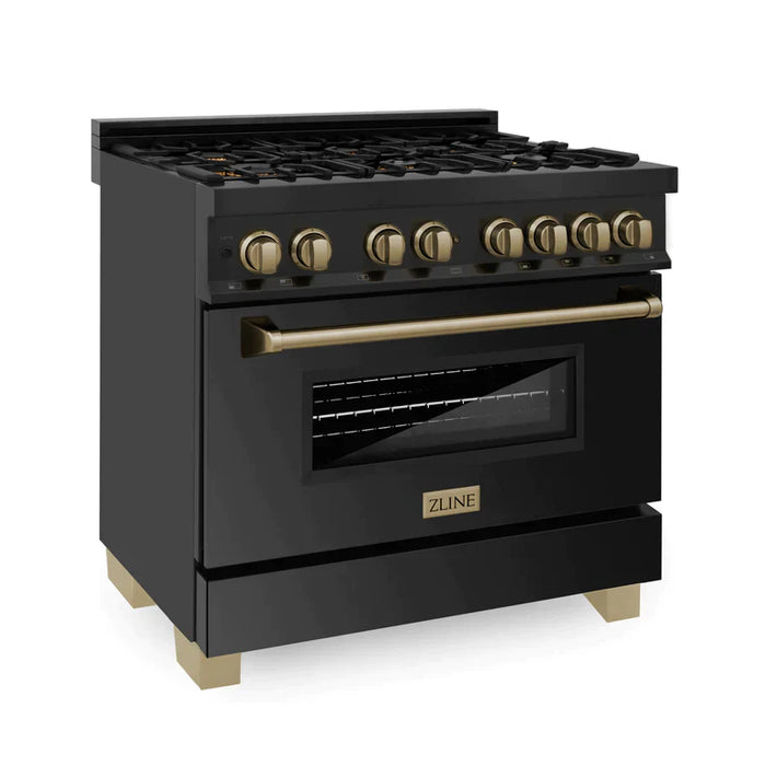 ZLINE Autograph Edition 36 Inch Dual Fuel Range with Gas Stove and Electric Oven in Black Stainless Steel with Champagne Bronze Accents