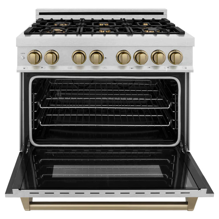 ZLINE Autograph Edition 36 in. 4.6 cu. ft. Range with Gas Stove and Electric Oven in DuraSnow® with Champagne Bronze Accents
