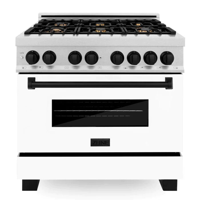 ZLINE Autograph Edition 36 in. 4.6 cu. ft. Range, Gas Stove/Electric Oven in DuraSnow® with White Matte Door, Matte Black Accents