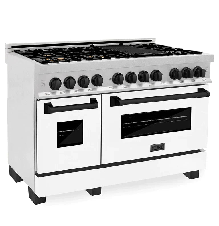 ZLINE Autograph Edition 48 in. 6.0 cu. ft. Range, Gas Stove/Electric Oven in DuraSnow® with White Matte Door, Matte Black Accents