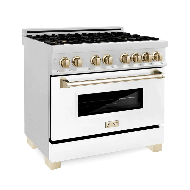 ZLINE Autograph Edition 36 In. Range, Gas Stove and Electric Oven in DuraSnow® Stainless Steel with White Matte Door and Gold Accent 13