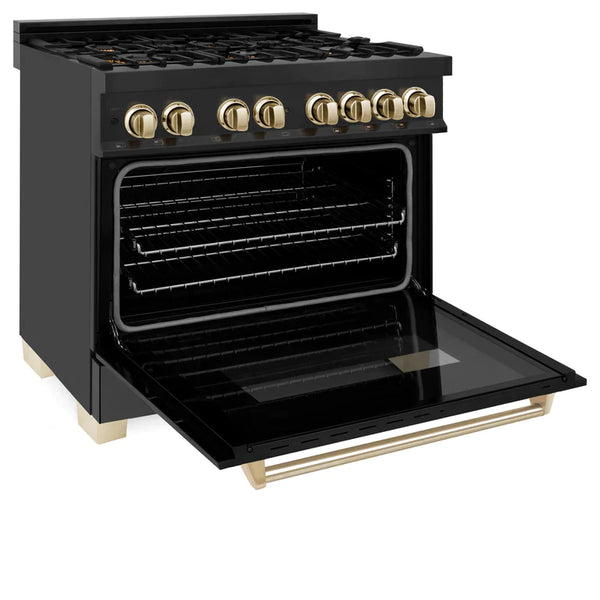 ZLINE Autograph 36 in. Gas Burner/Electric Oven Range in Black Stainless Steel and Gold Accents 1