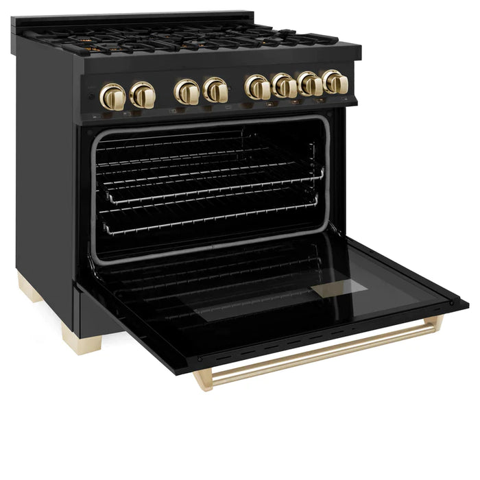 ZLINE Autograph 36 in. Gas Burner/Electric Oven Range in Black Stainless Steel and Gold Accents