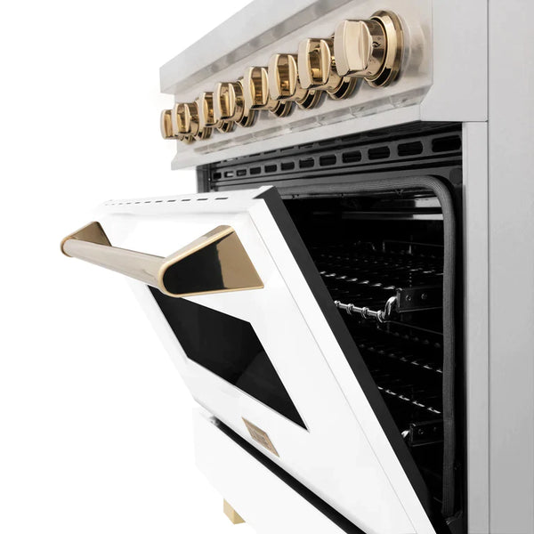 ZLINE Autograph Edition 36 In. Range, Gas Stove and Electric Oven in DuraSnow® Stainless Steel with White Matte Door and Gold Accent 2
