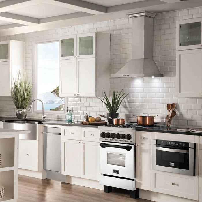 ZLINE Autograph Edition 24 in. Range with Gas Stove and Electric Oven in DuraSnow® with White Matte Door and Matte Black Accents