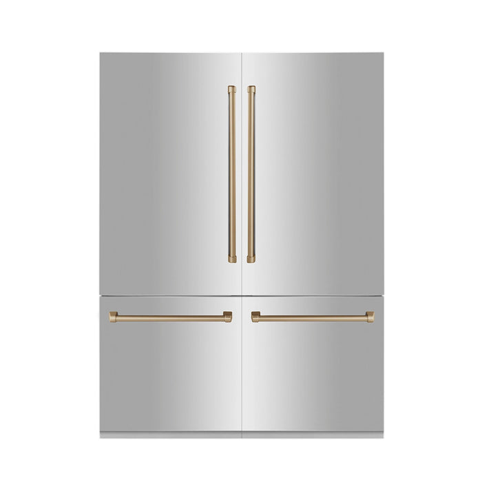 ZLINE Autograph 60 In. 32.2 cu. ft. Built-In 4-Door Refrigerator with Internal Water and Ice Dispenser in Stainless Steel and Gold Accents