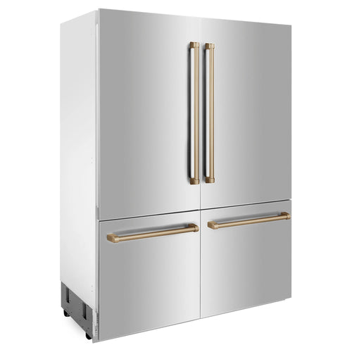 ZLINE Autograph 60 In. 32.2 cu. ft. Built-In 4-Door Refrigerator with Internal Water and Ice Dispenser in Stainless Steel and Gold Accents 1