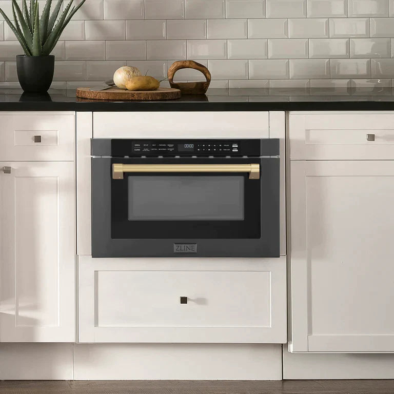 ZLINE Autograph Edition 24" 1.2 cu. ft. Built-in Microwave Drawer in Black Stainless Steel and Champagne Bronze Accents 2