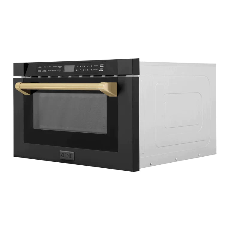 ZLINE Autograph Edition 24" 1.2 cu. ft. Built-in Microwave Drawer in Black Stainless Steel and Champagne Bronze Accents 1