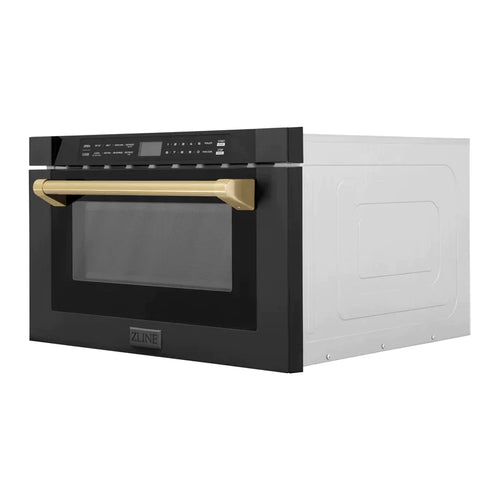 ZLINE Autograph Edition 24" 1.2 cu. ft. Built-in Microwave Drawer in Black Stainless Steel and Champagne Bronze Accents 1