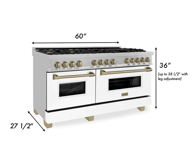 ZLINE Autograph 60 in. 7.6 cu. ft. Range, Gas Stove, Electric Oven in DuraSnow® with White Matte Door and Champagne Bronze Accents