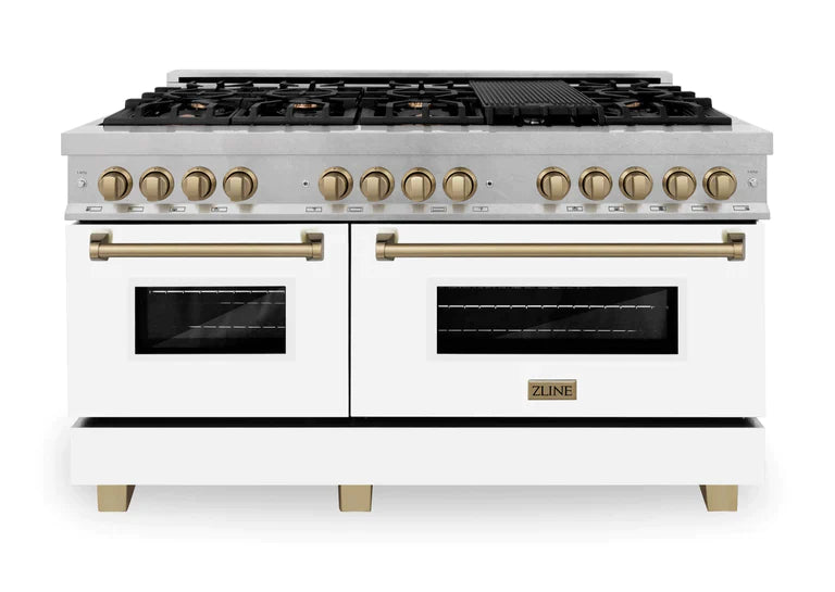 ZLINE Autograph 60 in. 7.6 cu. ft. Range, Gas Stove, Electric Oven in DuraSnow® with White Matte Door and Champagne Bronze Accents