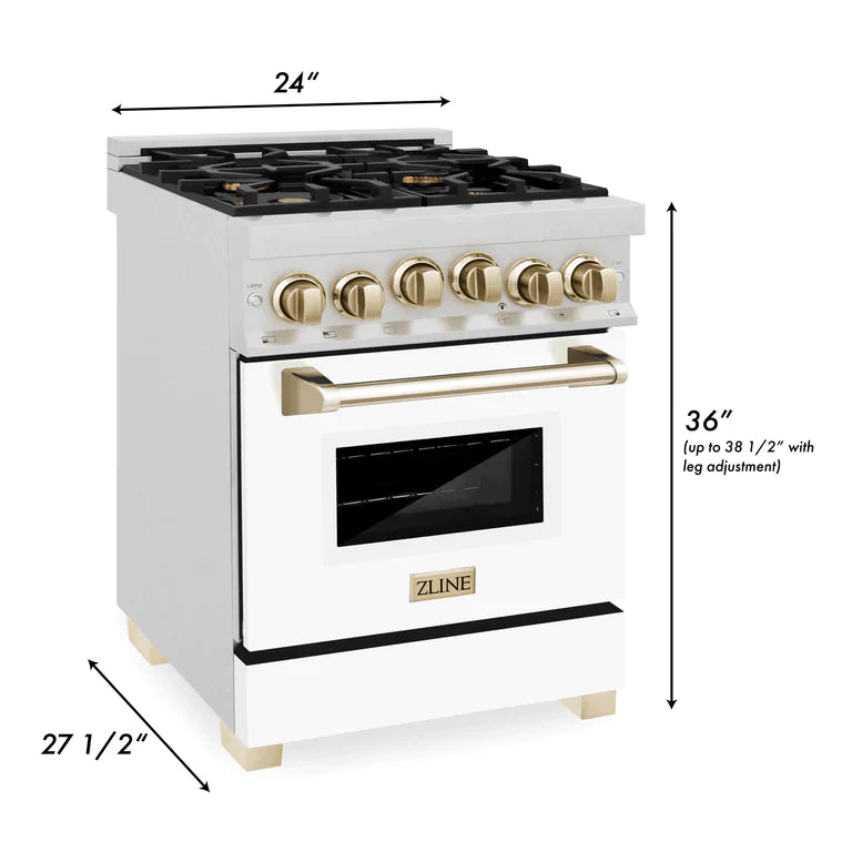 ZLINE Autograph Edition 24 in. Range with Gas Burner and Gas Oven in DuraSnow® Stainless Steel with White Matte Door and Gold Accents