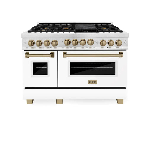 ZLINE Autograph Edition 48 in. Gas Range in DuraSnow® with White Matte Door and Champagne Bronze Accents 10