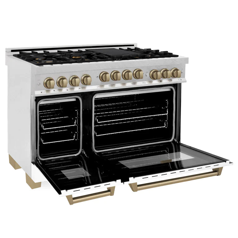 ZLINE Autograph Edition 48 in. Gas Range in DuraSnow® with White Matte Door and Champagne Bronze Accents
