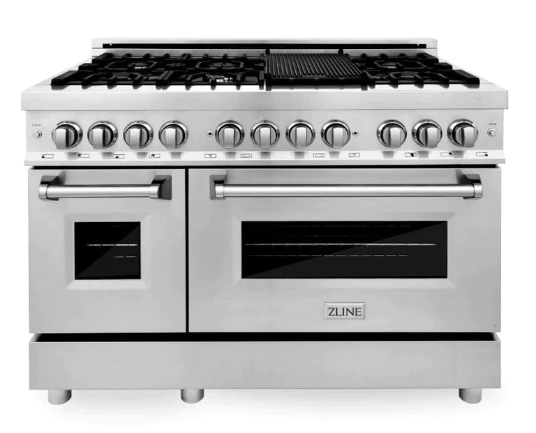ZLINE Kitchen Package with Refrigeration, 48" Stainless Steel Gas Range, 48" Convertible Vent Range Hood and 24" Tall Tub Dishwasher