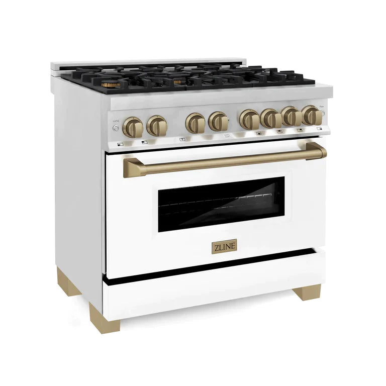 ZLINE Autograph Edition 36 in. Range with Gas Stove, Electric Oven with White Matte Door, Champagne Bronze Accents
