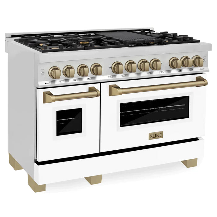 ZLINE Autograph 48 in. Range with Gas Burners, Electric Oven in Stainless Steel, White Matte Door with Champagne Bronze Accents