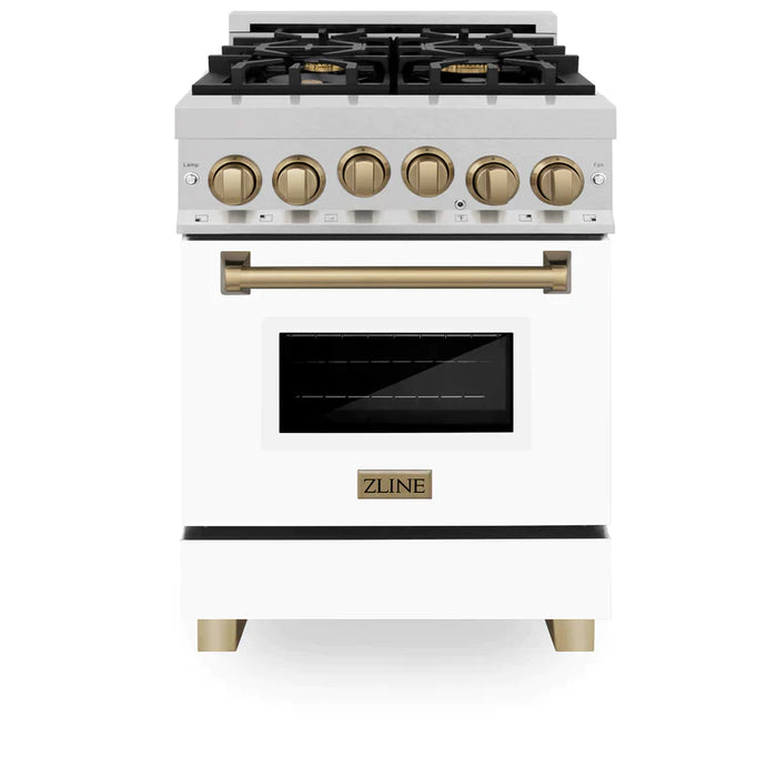 ZLINE Autograph Edition 24 in. Range with Gas Burner and Gas Oven in DuraSnow® Stainless Steel with White Matte Door and Champagne Bronze Accents