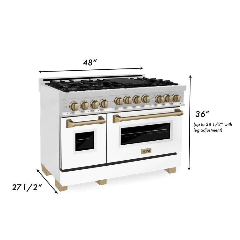 ZLINE Autograph Edition 48 in. Gas Range in DuraSnow® with White Matte Door and Champagne Bronze Accents