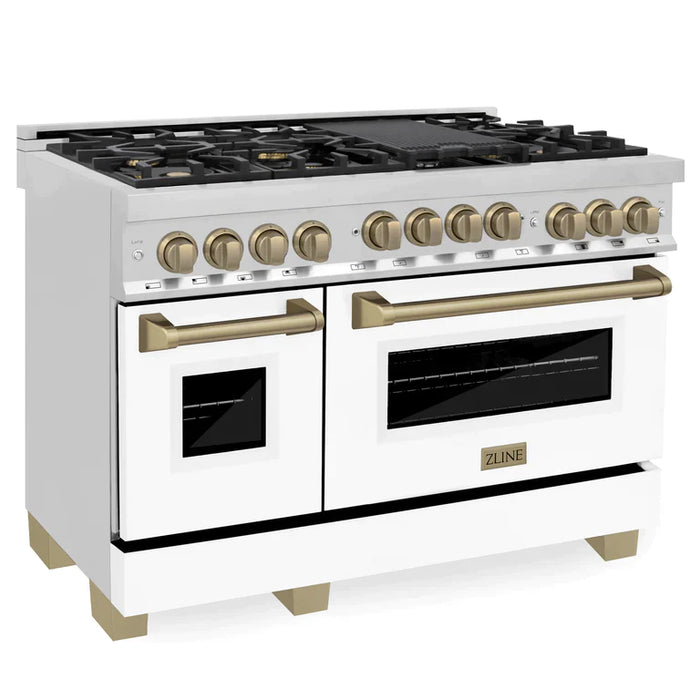 ZLINE 48" Autograph Edition Kitchen Package with Stainless Steel Gas Range with White Matte Door, Range Hood, Dishwasher and Refrigeration with Accents