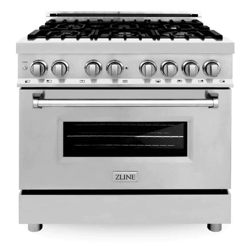 ZLINE 36" Kitchen Package with Stainless Steel Dual Fuel Range, Range Hood, Microwave Drawer and Tall Tub Dishwasher 3
