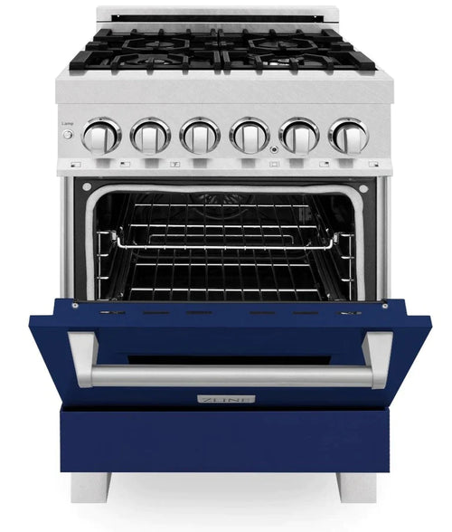 ZLINE 24 in. Professional Gas Burner/Electric Oven DuraSnow® Stainless Steel Range with Blue Gloss Door 1