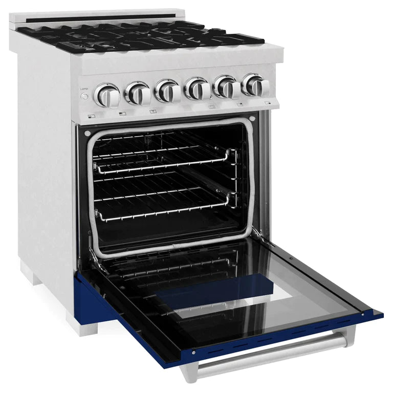 ZLINE 24 in. Professional Gas Burner/Electric Oven DuraSnow® Stainless Steel Range with Blue Gloss Door