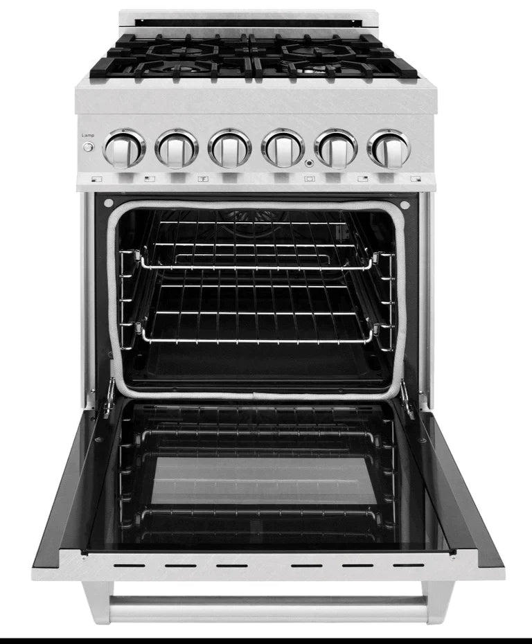 ZLINE 24 in. Professional Gas Burner/Electric Oven in DuraSnow® Range with Red Gloss Door
