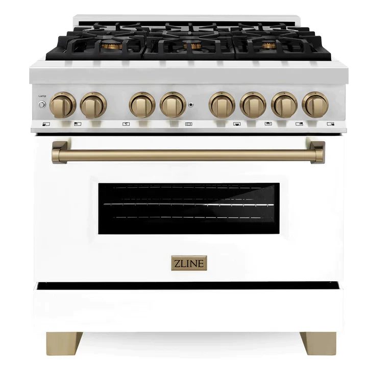 ZLINE Autograph Edition 36 in. Range with Gas Stove, Electric Oven with White Matte Door, Champagne Bronze Accents