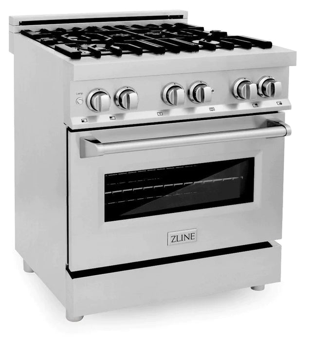 ZLINE Kitchen Package with Refrigeration, Stainless Steel Dual Fuel Range, Convertible Vent Range Hood and Tall Tub Dishwasher