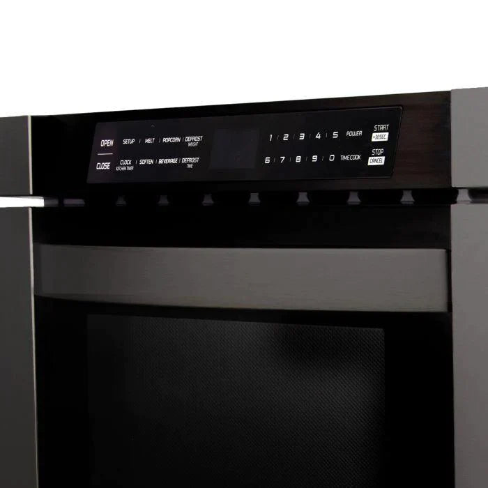 ZLINE Kitchen Package with Black Stainless Steel Dual Fuel Range, Convertible Vent Range Hood and Microwave Drawer
