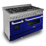 ZLINE 48 in. Professional Gas Burner/Electric Oven DuraSnow® Stainless 6.0 cu.ft. 7 Range with Blue Gloss Door6