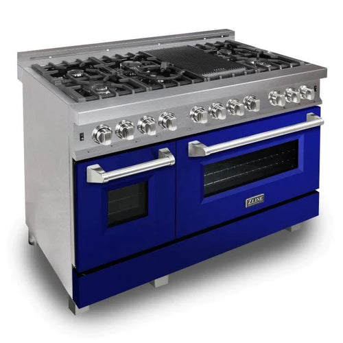 ZLINE 48 in. Professional Gas Burner/Electric Oven DuraSnow® Stainless 6.0 cu.ft. 7 Range with Blue Gloss Door 6
