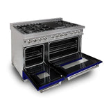 ZLINE 48 in. Professional Gas Burner/Electric Oven DuraSnow® Stainless 6.0 cu.ft. 7 Range with Blue Gloss Door1