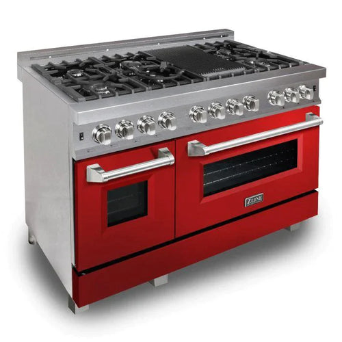 ZLINE 48 in. Professional Gas Burner/Electric Oven DuraSnow® Stainless 6.0 cu.ft. 7 Range with Red Gloss Door 7