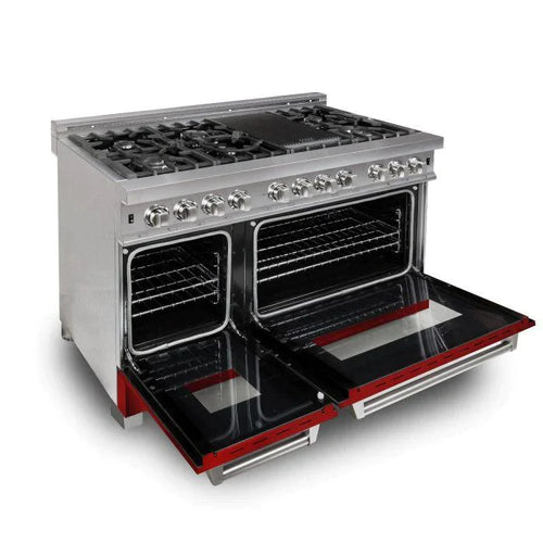 ZLINE 48 in. Professional Gas Burner/Electric Oven DuraSnow® Stainless 6.0 cu.ft. 7 Range with Red Gloss Door 1