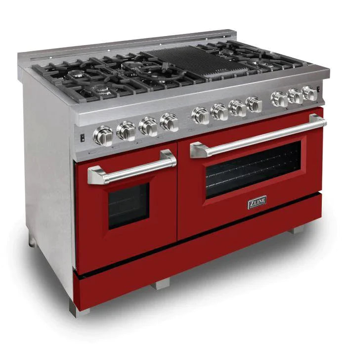 ZLINE 48 in. Professional Gas Burner/Electric Oven DuraSnow® Stainless 6.0 cu.ft. 7 Range with Red Matte Door