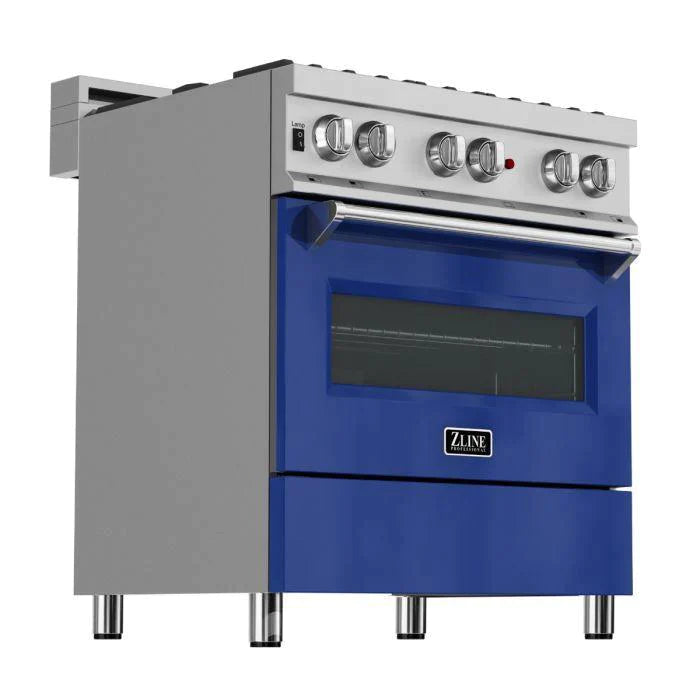ZLINE 30 in. Professional Gas Burner/Electric Oven DuraSnow® Stainless Steel Range with Blue Gloss Door